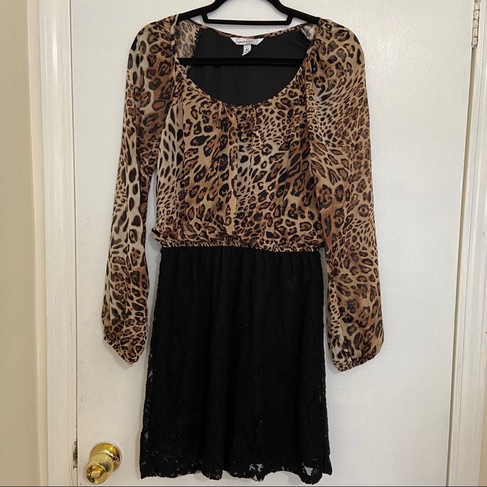 Cheetah Print Long Mesh Sleeve Dress